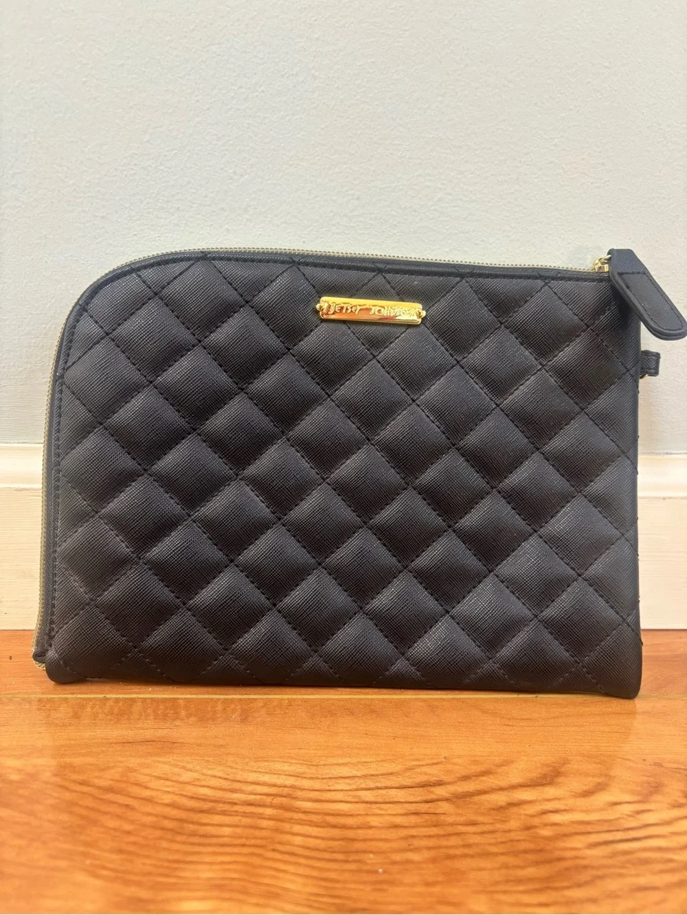 Betsey Johnson Quilted Black Cosmetic Pouch with Gold Trim